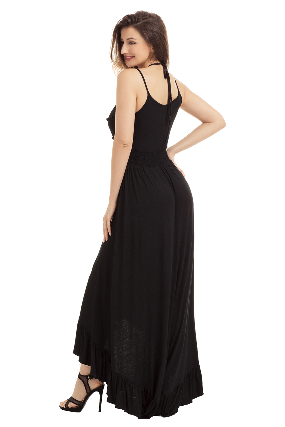 BY61510-2 Lace Up V Neck Ruffle Trim Hi-low Maxi Dress